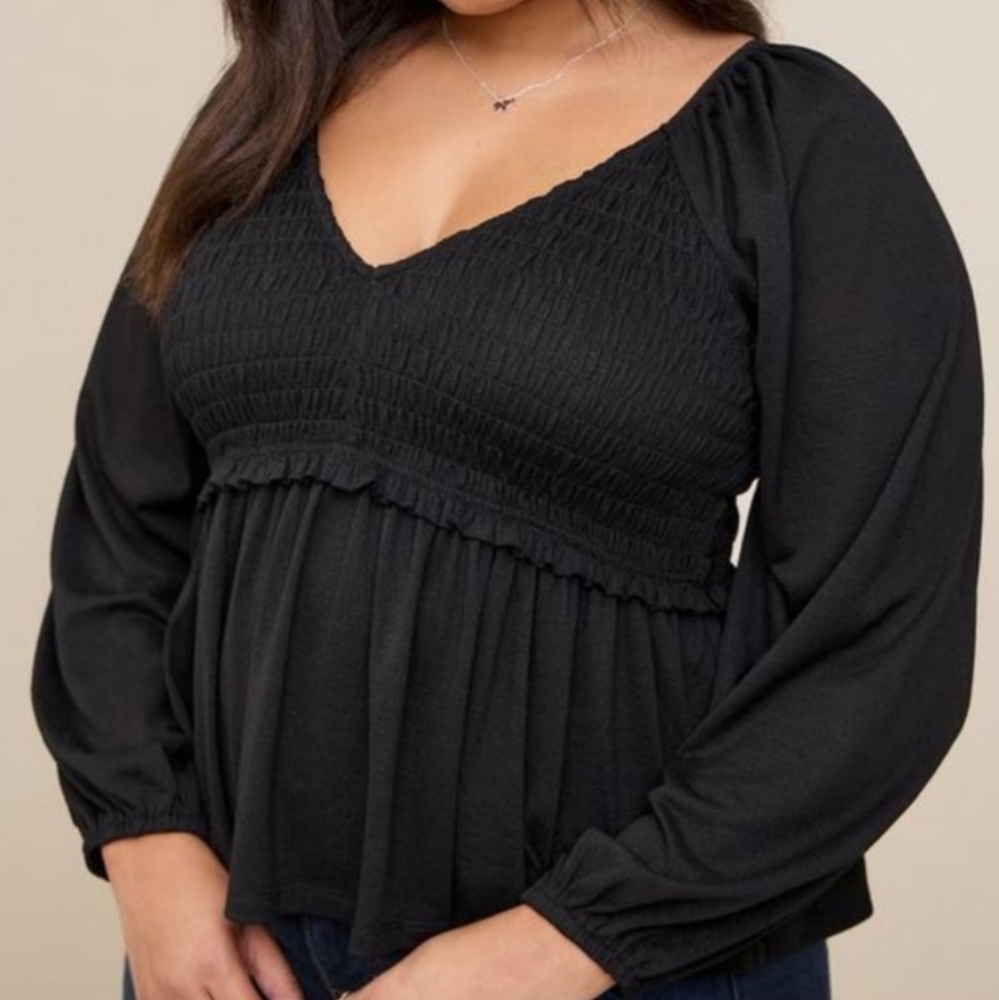 TORRID Babydoll Knit Smocked Bodice Crop Mininalist Black Top 4
